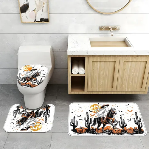 Miniatura 7 de Ticuenicoa Juego de 4 cortinas de ducha de Halloween con diseño de jinete fantasma, incluye cortina de ducha de 72 x 72 pulgadas, alfombras de baño