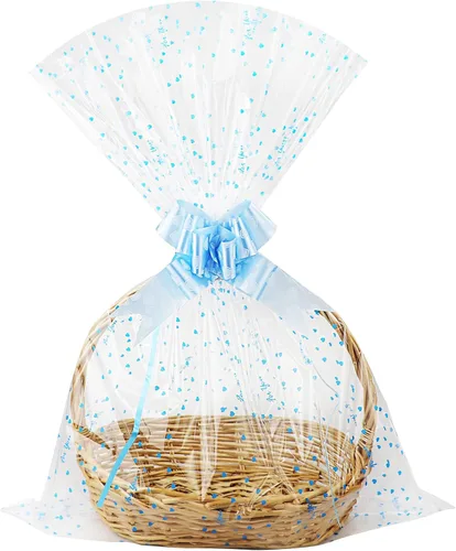 Miniatura 6 de Yotelab Bolsas grandes de celofán, envoltura transparente de corazón azul para cesta de regalo, 22 x 33 pulgadas, 10 bolsas de regalo de celofán