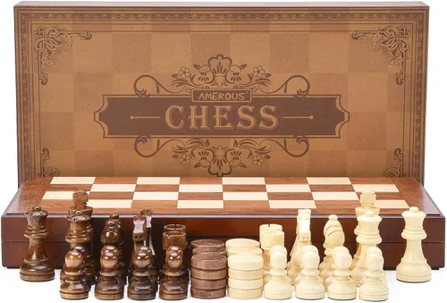 Miniatura 8 de AMEROUS Juego de ajedrez y damas de madera con piezas de ajedrez ponderadas mejoradas, juegos de mesa de ajedrez de 15 pulgadas (2 en 1) para niños