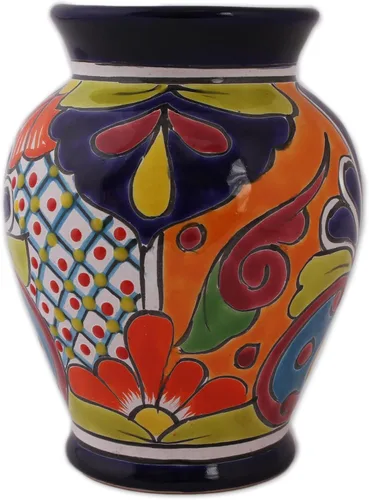 NOVICA Jarrón artesanal de cerámica hecho a mano pintado a mano Talaverastyle México, jarrones multicolor [7.25 pulgadas de alto x 5.5 pulgadas de