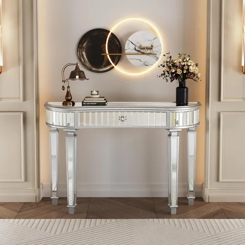 Miniatura 10 de Mesa Consola Negra con Espejo, Mesa de Sofá de Cristal Rectangular de 48 pulgadas con Elementos Tallados Vintage con Espejo, Muebles de Espejo