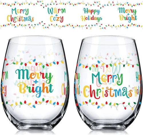 2 copas de vino sin tallo, taza divertida de 17 onzas con texto en inglés «Merry Christmas & New Year» – Regalos para mujeres, hombres, mamá, papá,