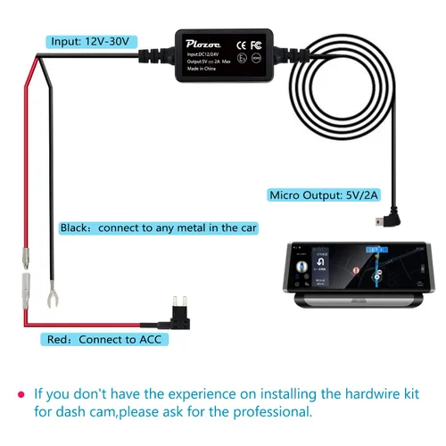 Miniatura 7 de Kit de cable duro para cámara de salpicadero, kit de cable duro micro USB para cámara de salpicadero, Plozoe de 12 V-24 V a 5 V, cable
