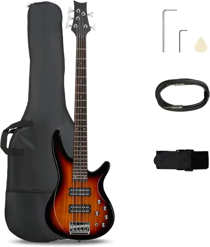 Miniatura 9 de Ktaxon Bajo eléctrico de 5 cuerdas, tamaño completo, kit de bajo estándar, diestro, diapasón de palisandro, con bolsa de concierto, correa, cable