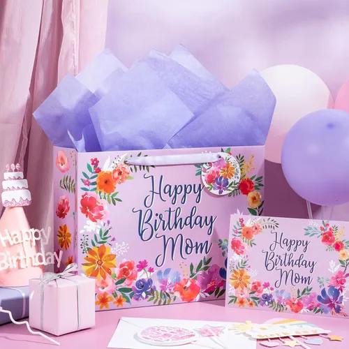 Miniatura 4 de WRAPAHOLIC Bolsa grande de regalo de cumpleaños para mamá de 13 pulgadas con tarjeta y papel de seda, elegante diseño floral con diseño de feliz