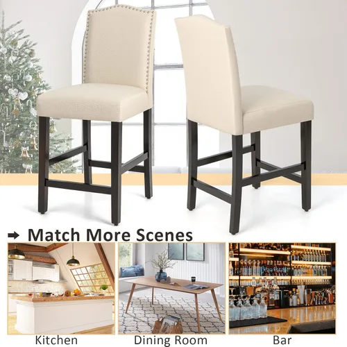 Miniatura 8 de COSTWAY Juego de 2 taburetes de bar, sillas tapizadas de lino con patas de madera de goma maciza, sillas de bar de madera para isla de cocina de 25