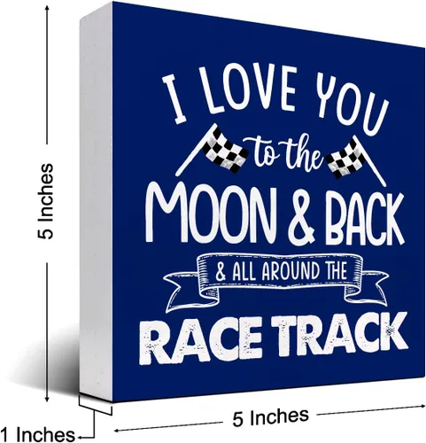 Miniatura 2 de Letrero de madera "I Love You To The Moon And Back And All Around The Race Track" para decoración de escritorio, letrero de caja con banderas a