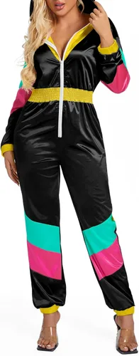 Miniatura 2 de Yisfri Traje retro de una pieza con bloques de color para mujer, traje retro de los años 80 con cintura elástica con capucha