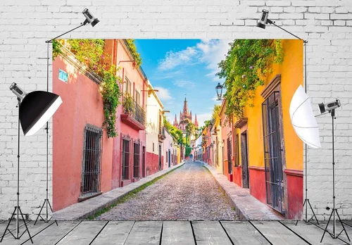 Miniatura 3 de BELECO Telón de fondo de tela medieval de 5 x 3 pies, casas coloridas de San Miguel de Allende, fondo de pueblo mexicano para cumpleaños, boda