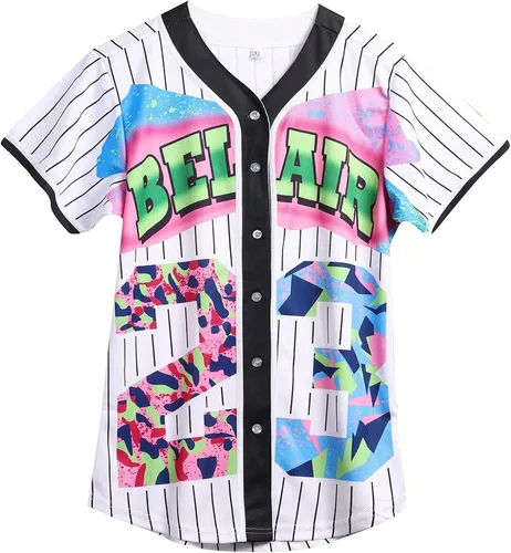 Miniatura 22 de Ropa de los años 90 para mujer, traje unisex de hip hop para fiesta, camiseta de béisbol Bel Air, camisa de manga corta con botones