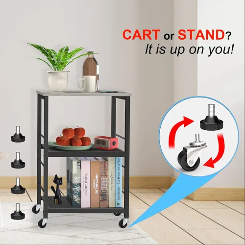 Miniatura 4 de MOOACE Mesa auxiliar rústica de 3 niveles con rueda, mesa de noche con estante de almacenamiento para dormitorio, cocina, sala de estar y oficina