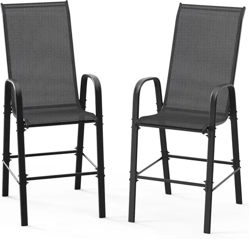 VINGLI Juego de 2 taburetes de bar apilables para exteriores, sillas con respaldo alto y reposabrazos, para césped, jardín, bar, negro