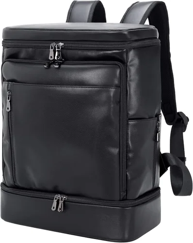 TIDING Mochila de cuero genuino para hombre, bolsa de laptop de 15.6 pulgadas, mochila casual de viaje con compartimento para zapatos, Negro -,