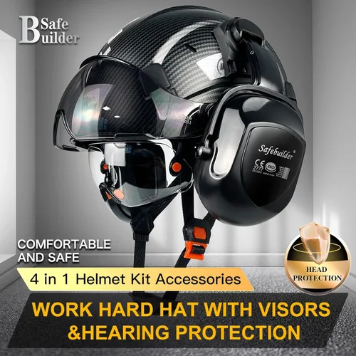 Miniatura 2 de Casco de Seguridad SAFEBUILDER con Gafas de Protección y Orejeras de Fibra de Carbono ABS para Trabajo en Altura, Cascos Duros para Protección