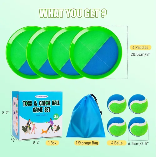 Miniatura 3 de Juego de pelota para lanzar y atrapar, 4 paletas y 4 bolas al aire libre, juego de captura de remo para niños, patio trasero, playa, piscina, patio