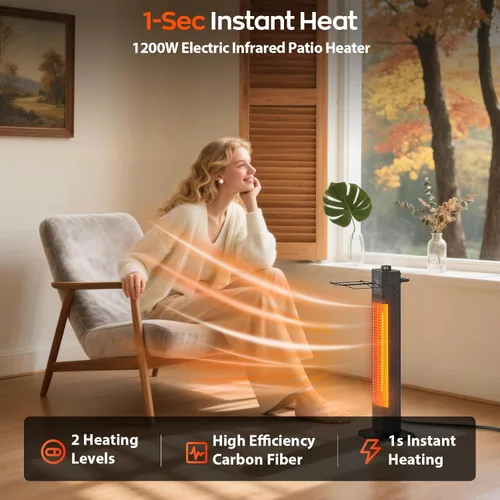 Miniatura 3 de Calentador eléctrico para patio al aire libre, calentador de torre infrarrojo de 27 pulgadas con calefacción instantánea de 1200 W, impermeable