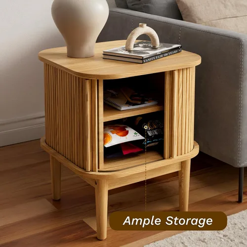 Miniatura 4 de Juego de 2 mesitas de noche estriadas con puertas correderas, moderna mesita de noche con patas de madera maciza, mesita de noche de madera
