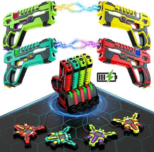 VATOS Juego de Laser Tag Recargable Set de 4-2.4GHz Sincronización de Datos Pantalla +LCDs + Estación de Carga Laser Tag 4 Jugadores con Chalecos |