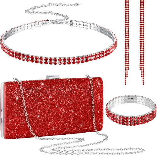 Miniatura 9 de Kigeli 4 Pieces Women Rhinestone Evening Clutch Bag Bling Earring Necklace Bracelet for Wedding Graduation Prom