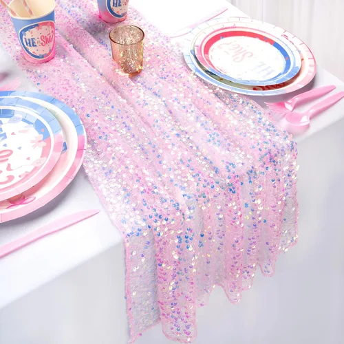 Camino de mesa rosa de 10 pies con lentejuelas iridiscentes con purpurina de 25 x 120 pulgadas para bodas, baby shower, niñas, fiesta de cumpleaños,