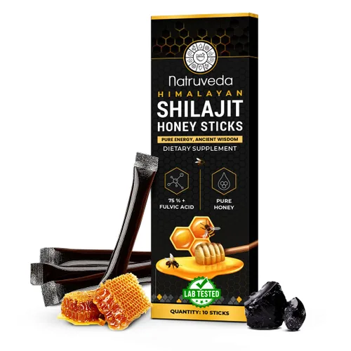 Natruveda, Palitos de miel Shilajit del Himalaya para hombres y mujeres – 75% más de ácido fúlvico y oligominerales – Miel cruda, azafrán y resina