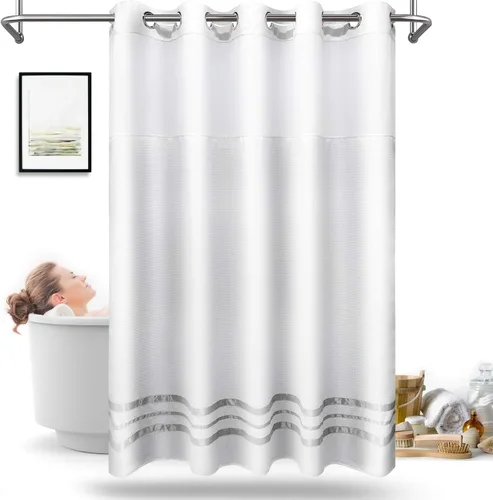 Miniatura 7 de ARICHOMY Cortina de ducha con tejido de gofre, 250 GSM, peso pesado con gancho a presión y ventana transparente, cortina de baño de tela de Blanco