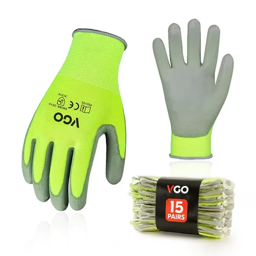 Vgo... 15 pares de guantes de trabajo de seguridad, guantes de jardinería, revestimiento de poliuretano, guantes de inmersión, sin látex (talla L,
