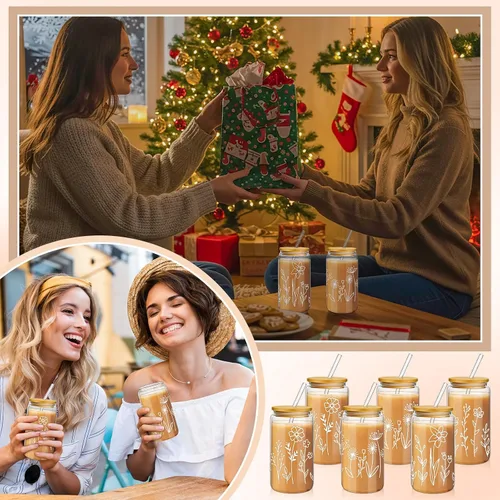 Miniatura 7 de Mumufy 6 Juegos de Tazas de Vidrio Florales Bohemias con Bolsa de Regalo Transparente de 16 onzas, Tazas de Café Helado Reutilizables con Flores