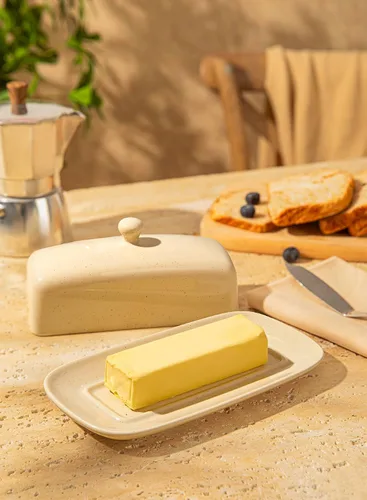 Miniatura 4 de Sweese Mantequillera con tapa, manteca de porcelana, soporte para mantequilla de 7.8 pulgadas con cubierta de asa, recipiente de mantequilla Beige