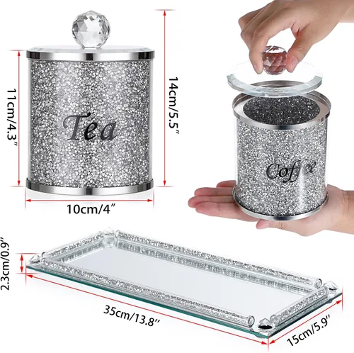 Miniatura 2 de JUXYES Juego de 4 recipientes de cristal chispeante con diamantes triturados para azúcar, café y té, incluye bandeja, lujosos recipientes