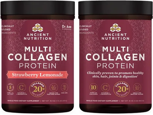 Ancient Nutrition Proteína en polvo multicolágeno, limonada de fresa, 45 porciones + polvo de proteína de colágeno múltiple, sin sabor, 45 porciones