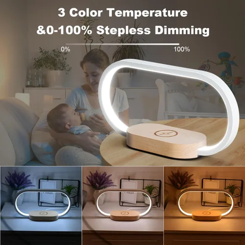 Miniatura 4 de Donewin Lámpara de noche de carga inalámbrica con puerto de carga USB, luz de mesa de noche de madera de alta calidad para dormitorio, lámpara