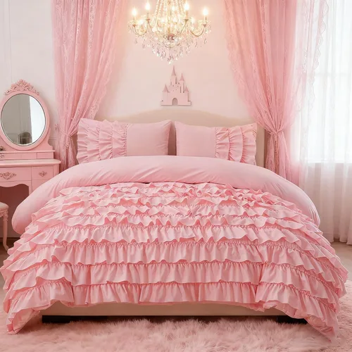 Miniatura 11 de Holawakaka Juego de edredón con volantes en cascada de color azul claro, juego de ropa de cama con volantes estilo shabby chic para niñas, mujeres
