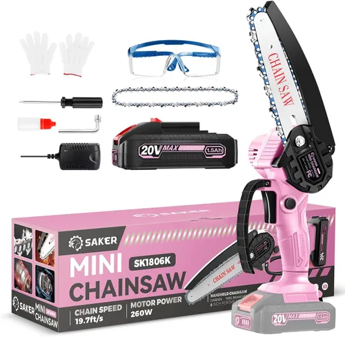 Miniatura 14 de Saker Mini motosierra inalámbrica de 6 pulgadas con interruptor de bloqueo de seguridad, motosierra eléctrica inalámbrica, motosierra pequeña