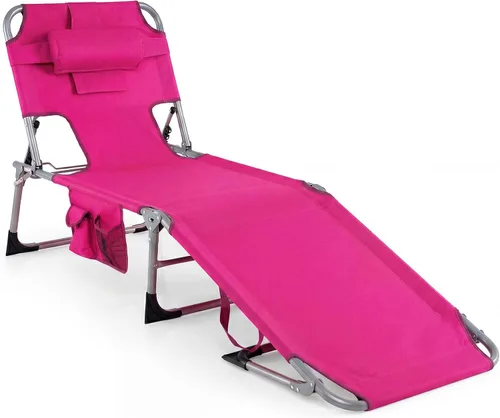 Miniatura 13 de Tangkula Silla de bronceado con agujero frontal, plegable y ajustable para patio, silla reclinable, para playa, tomar el sol, con bolsillo lateral
