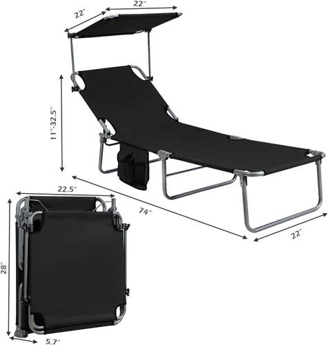Miniatura 3 de Giantex Silla bronceadora, tumbona de patio con 5 posiciones ajustables, toldo de sombra, bolsillo de almacenamiento, cuna de campamento, sillón