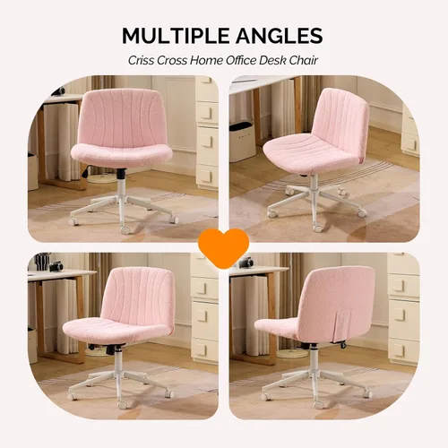 Miniatura 8 de VINGLI Silla de Patas Cruzadas, Silla de Escritorio de Oficina Ancha y Cómoda, Doble Uso con/sin Ruedas Silla de Trabajo para Computadora, Silla Rosa