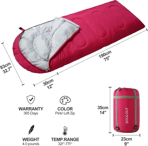 Miniatura 2 de Saco de dormir de 3 a 4 estaciones para adultos y niños, bolsa de camping ligera y cálida para clima frío con saco de compresión impermeable - Rosa