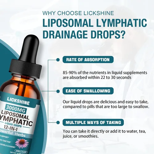 Miniatura 6 de 1 paquete de gotas de drenaje linfático liposomal de 3000 mg, 12 en 1 suplementos de drenaje linfático orgánico con bayas de saúco, raíz de bardana