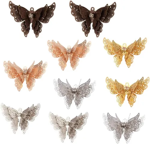 Miniatura 2 de SUNNYCLUE 1 caja de 10 dijes de filigrana de mariposa de 1.339 x 1.024 in, 3 capas de diamantes de imitación de filigrana hueca para manualidades