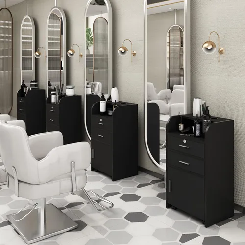 Miniatura 3 de Estación de gabinete de almacenamiento para salón de belleza/peluquería con cajón de bloqueo y 4 ruedas, estación de estilista con 2 soportes