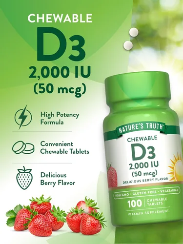Miniatura 5 de Nature's Truth Vitamina D3 masticable de 2,000 UI 100 tabletas Sabor a bayas Suplemento vegetariano, sin OMG y sin gluten