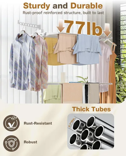 Miniatura 5 de Bigzzia Tendedero plegable de 4 niveles para ropa, ropa, caballos, estante de secado de lavandería de acero inoxidable (gris blanco, 4 niveles)