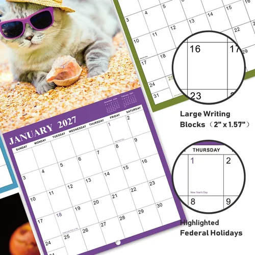 Miniatura 4 de Calendario 2026-2027 – Calendario de pared 2026-2027, julio de 2026 a diciembre de 2027, 12 x 24 pulgadas (abierto), calendario de gato de 18 meses