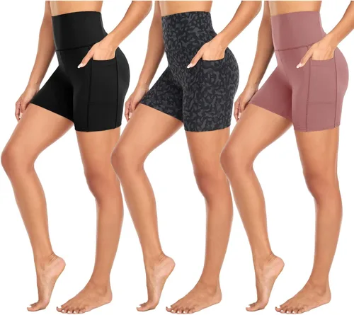 MOREFEEL Paquete de 3 pantalones cortos de ciclista de cintura alta para mujer con bolsillos, pantalones cortos deportivos súper suaves de 5