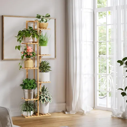 Miniatura 3 de ROSSNY Soporte para plantas de interior de 55 pulgadas de alto, 7 niveles y 8 macetas de bambú para plantas de interior, soporte de esquina