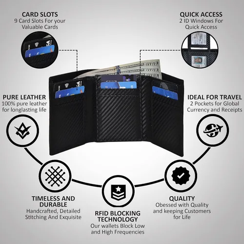 Miniatura 52 de Cartera de cuero RFID hecha a mano para hombres, elegante cartera de bolsillo frontal triple con 2 ranuras para identificación y 9 tarjetas, Negro