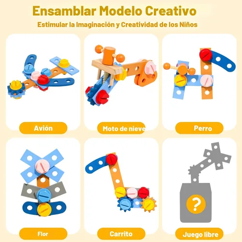 Miniatura 3 de TONZE Juego de herramientas para niños con delantal, caja de banco de herramientas de madera para niños pequeños, juguetes Montessori para niños