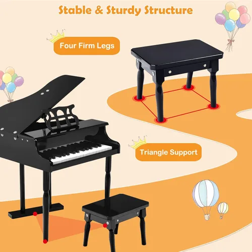 Miniatura 7 de HONEY JOY Piano clásico para niños, mini piano de cola de 30 teclas con soporte de música y banco, juguete de instrumento musical de madera con tapa