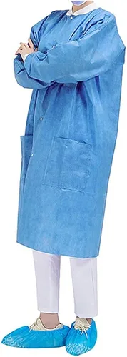 Miniatura 3 de Greenour Disposable Lab Coat Blue SMS with Pockets for Adult Knitted Collar and Cuffs Breathable Fluid Resistant